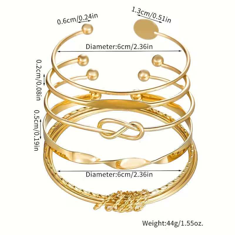Vintage Wide Bracelet Set, Minimalist Geometric Open Beaded Golden Polished Bangle Jewelry