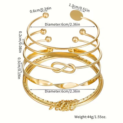 Vintage Wide Bracelet Set, Minimalist Geometric Open Beaded Golden Polished Bangle Jewelry