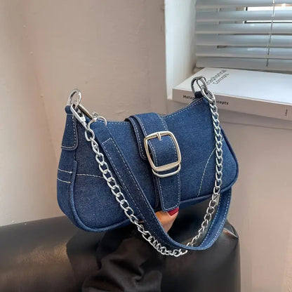 Denim Shoulder Bag with Chain Strap Stylish Blue Crossbody Bag