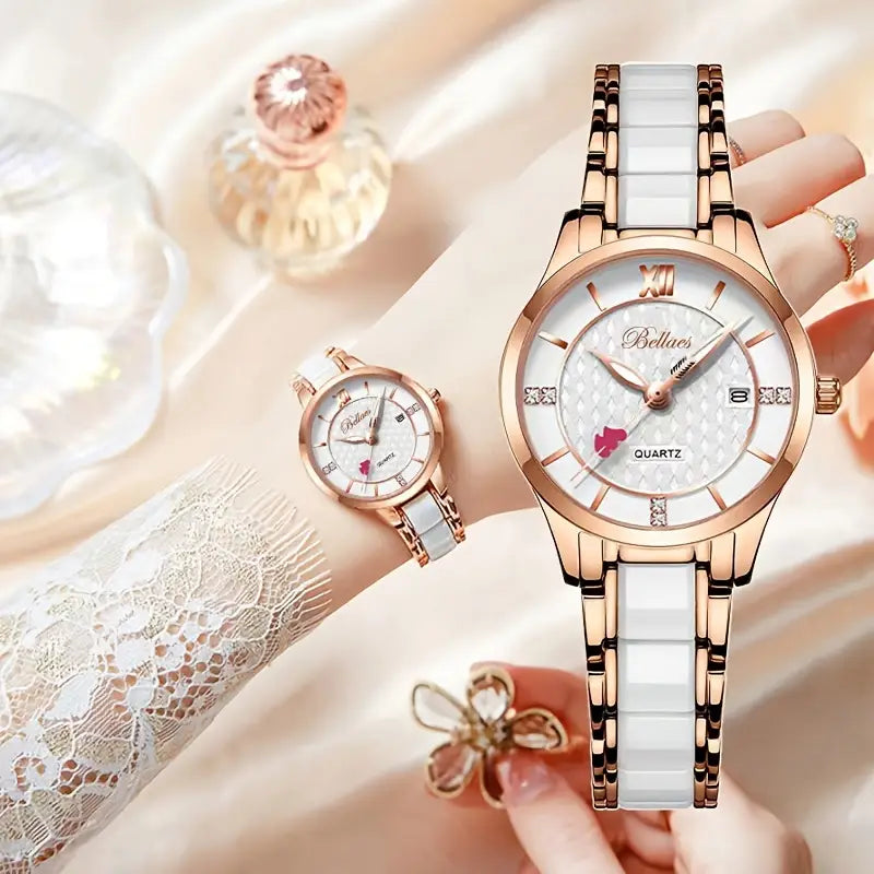 Luxury Ceramic Women's Watch with Rose Golden Case & White Dial