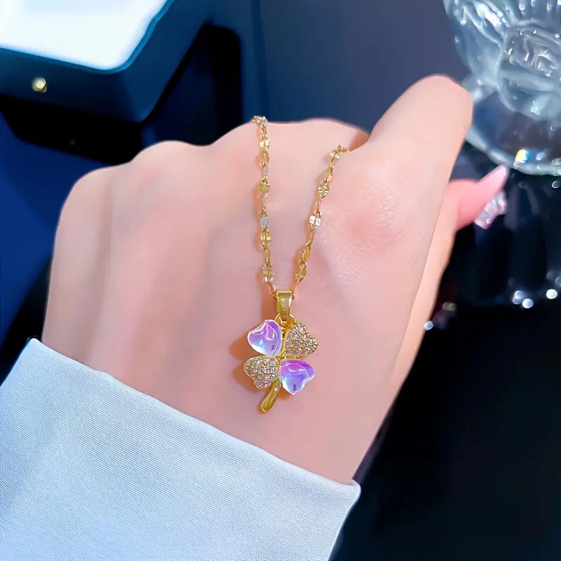 Golden-Tone Stainless Steel Lucky Clover Pendant Necklace with Colorful Reflective