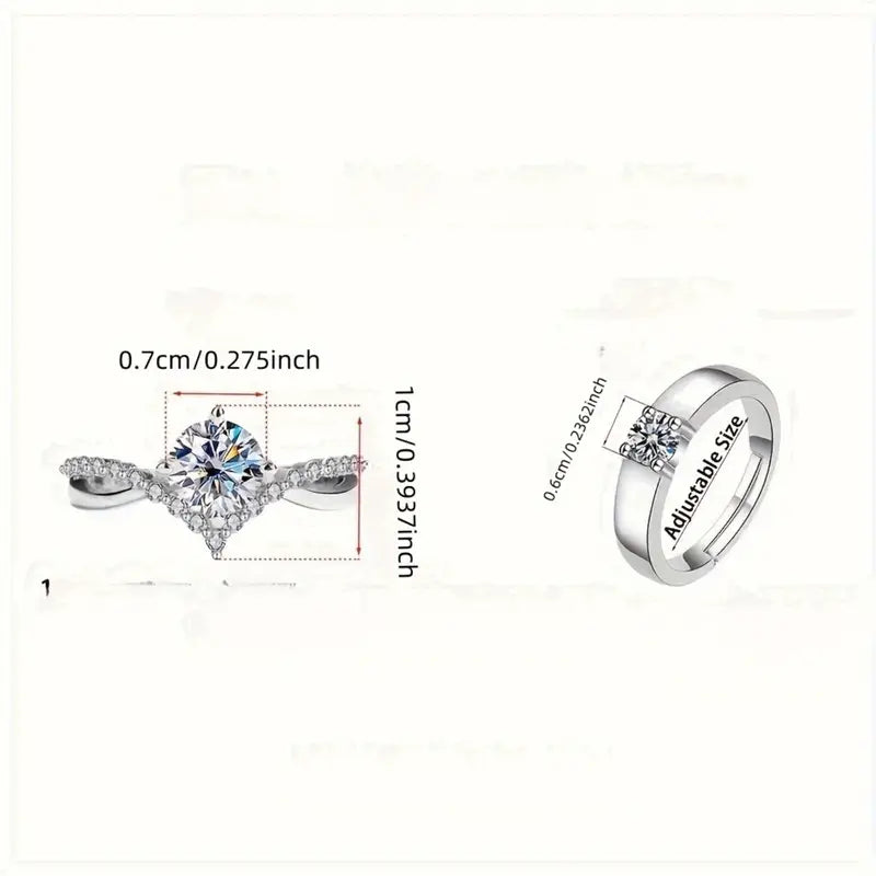 Cubic Synthetic Zirconia Wedding Ring Set - Adjustable Open Band