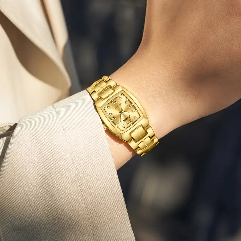 Women's Golden Quartz Watch - Fashionable Square Dial with Crystal Accents