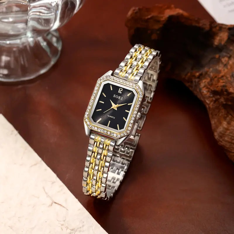 Elegant Square Dial with Black face & Clear crystals