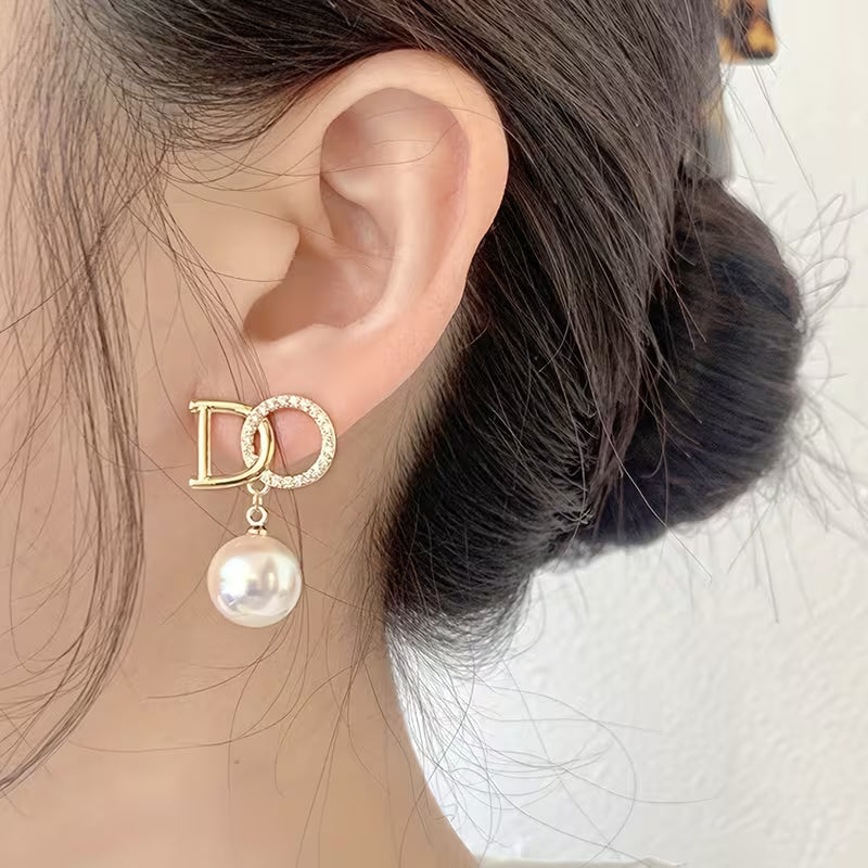Unique English Letter With Imitation Pearl Pendant Stud Earrings Alloy