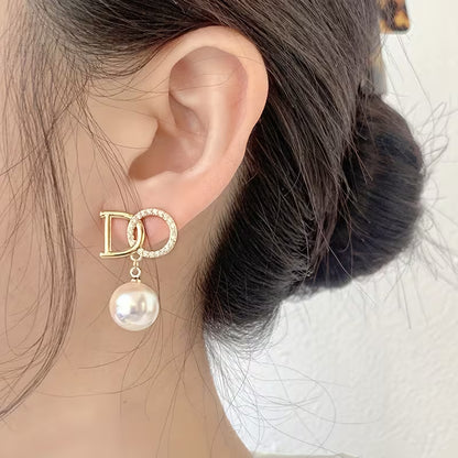 Unique English Letter With Imitation Pearl Pendant Stud Earrings Alloy