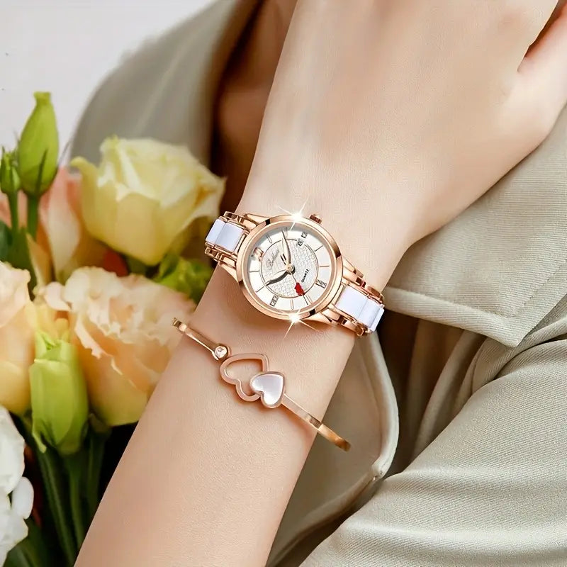 Luxury Ceramic Women's Watch with Rose Golden Case & White Dial