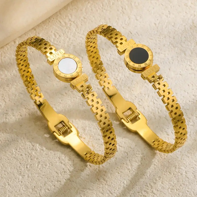 Stainless Steel Roman Numeral Bracelet with Engraved Letters Design