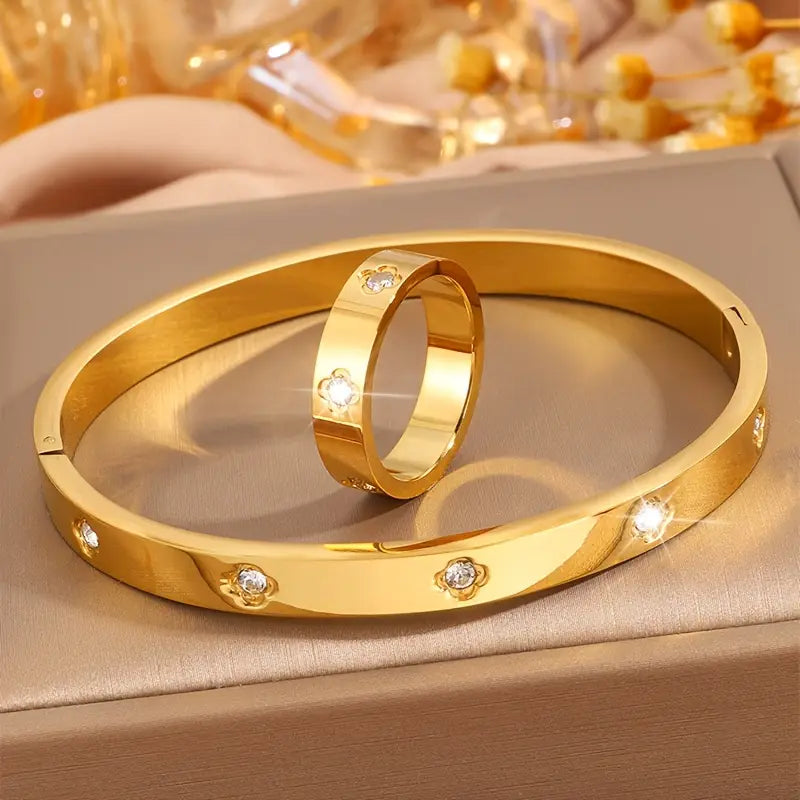 Light Luxury Stainless Steel Bangle Bracelets with Cubic Zirconia Stones
