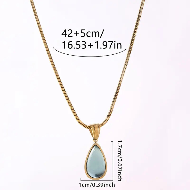 French-Inspired Water Drop Glass Pendant Necklace with 18K Gold Plated Stainless Steel