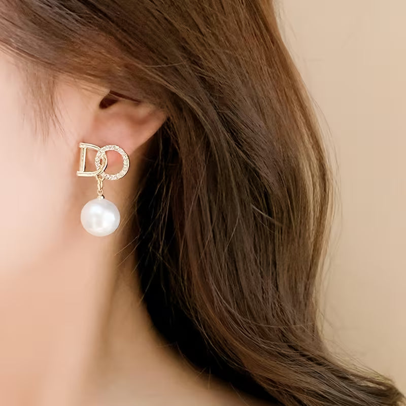 Unique English Letter With Imitation Pearl Pendant Stud Earrings Alloy