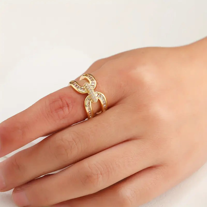 Golden Plated Geometric Cross Ring with Cubic Zirconia