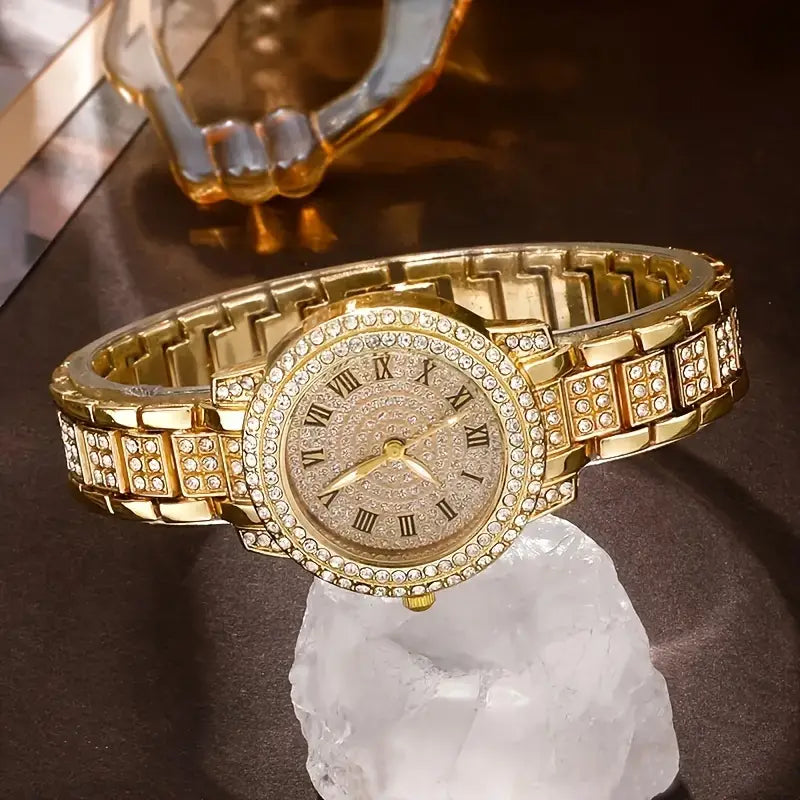 Glamorous Golden-Tone Women's Quartz Watch with Sparkling