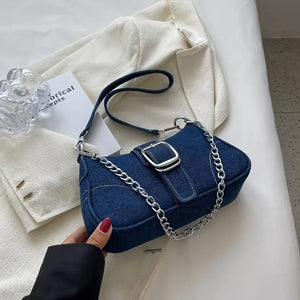 Denim Shoulder Bag with Chain Strap Stylish Blue Crossbody Bag