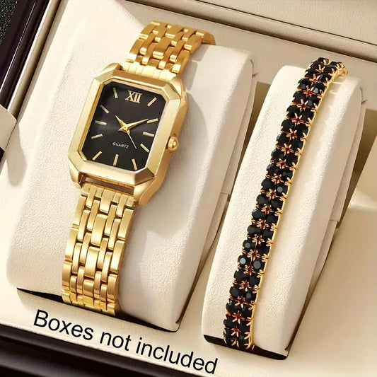 Luxury Women'S 2pcs Quartz Watch Set - Classic Square Dial