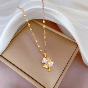 Golden-Tone Stainless Steel Lucky Clover Pendant Necklace with Colorful Reflective