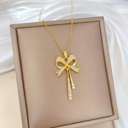 Stainless Steel Zirconia Fringe Bow Pendant Necklace for Women