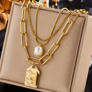 Punk Street Trend Stainless Steel 3-Layer Square Portrait Pendant Necklace for Women