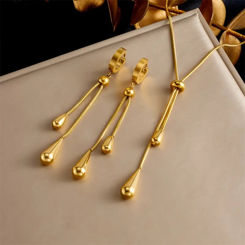 Golden-Tone Stainless Steel Pendant Necklace and Earring Set