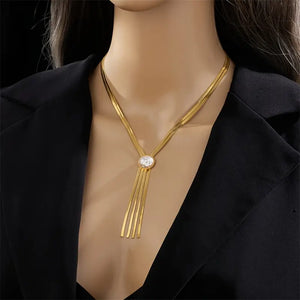 Stainless Steel Multi-Layer Necklace with Four-Tail Design & Imitation Pearl Pendant