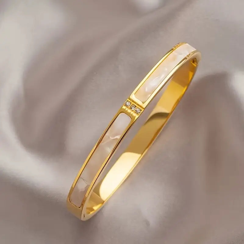 Golden Plated Stainless Steel Bangle with Rhinestones and Gemstones