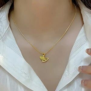 Gold-Plated Ginkgo Leaf Pendant Necklace - Luxurious and Minimalist Design