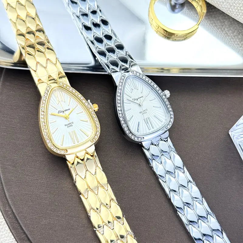 Elegant Snake chain wristwatch - Golden-Tone metal band, Quartz Movement Watch