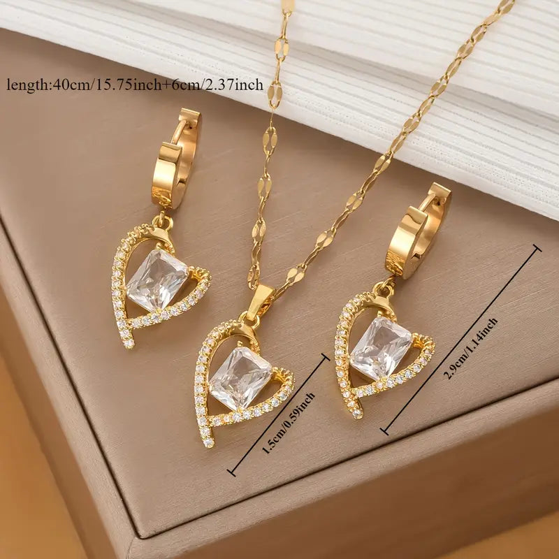 Stainless Steel Gold-Plated Cubic Zirconia Heart Earrings, Featuring a Light Luxury