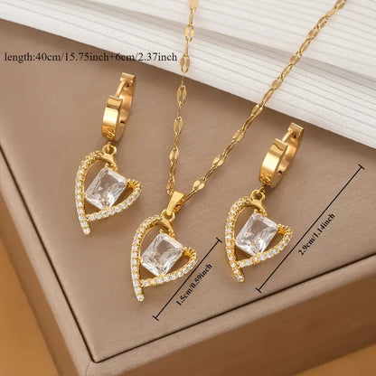 Stainless Steel Gold-Plated Cubic Zirconia Heart Earrings, Featuring a Light Luxury
