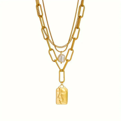 Punk Street Trend Stainless Steel 3-Layer Square Portrait Pendant Necklace for Women