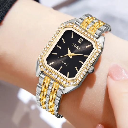 Elegant Square Dial with Black face & Clear crystals