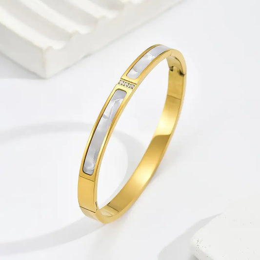 Golden Plated Stainless Steel Bangle with Rhinestones and Gemstones