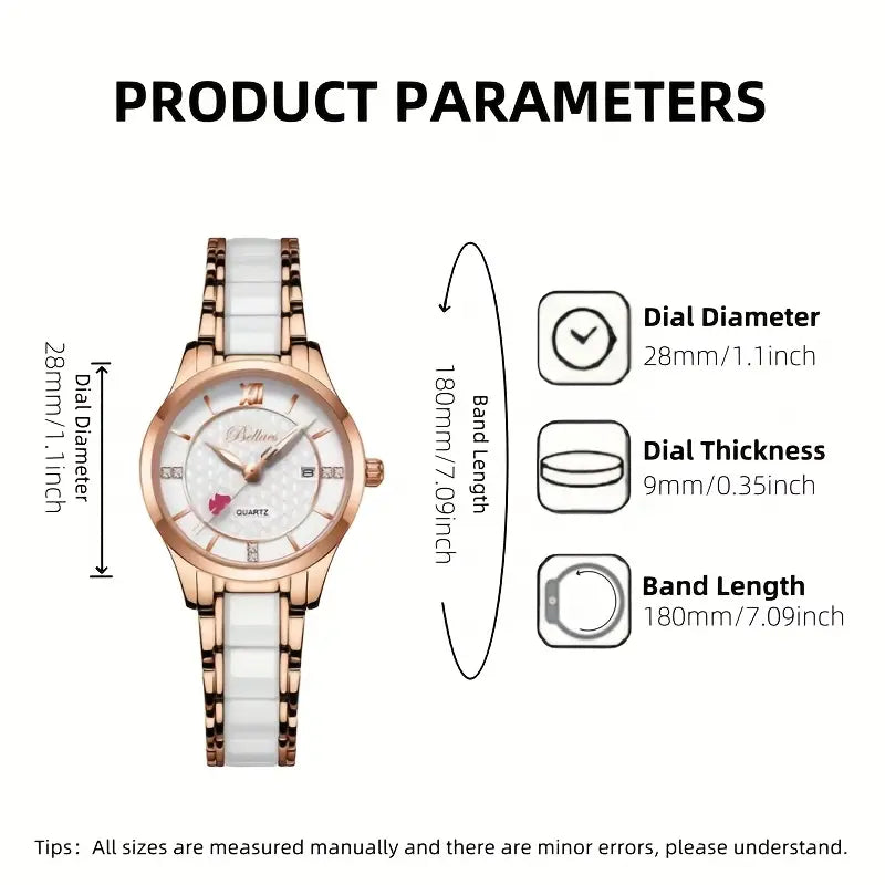 Luxury Ceramic Women's Watch with Rose Golden Case & White Dial