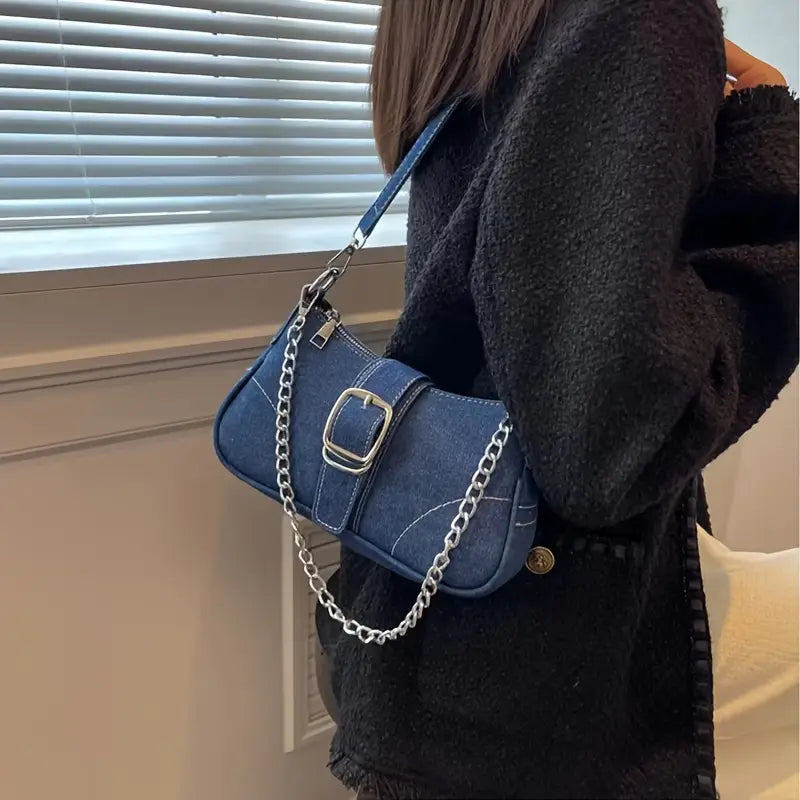 Denim Shoulder Bag with Chain Strap Stylish Blue Crossbody Bag