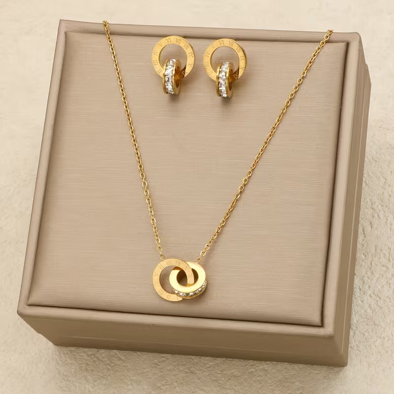 Exquisite And Charming Double Ring Stainless Steel Women's Earring Necklace Set