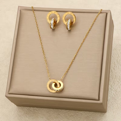 Exquisite And Charming Double Ring Stainless Steel Women's Earring Necklace Set