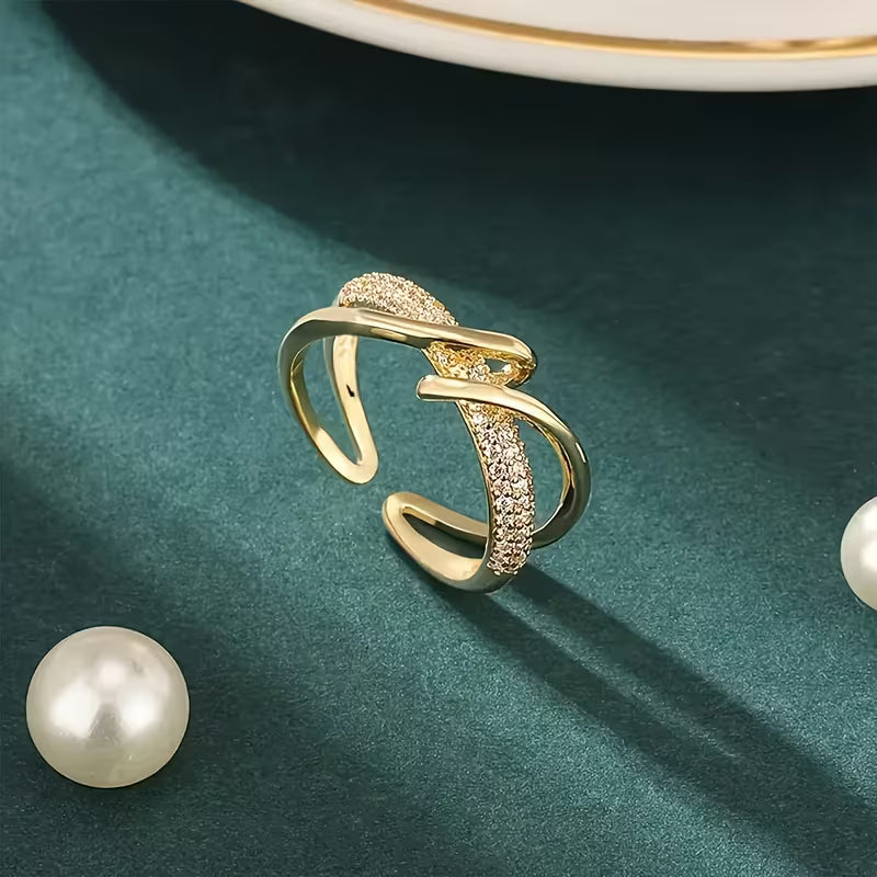 A Shiny And Unique Line Design Adjustable Copper Open Ring, Set with Synthetic Zirconia