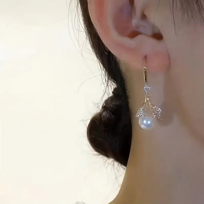 Vintage-Inspired Zinc Alloy Leaf & Faux Pearl Drop Earrings with Copper Posts