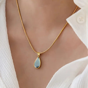 French-Inspired Water Drop Glass Pendant Necklace with 18K Gold Plated Stainless Steel