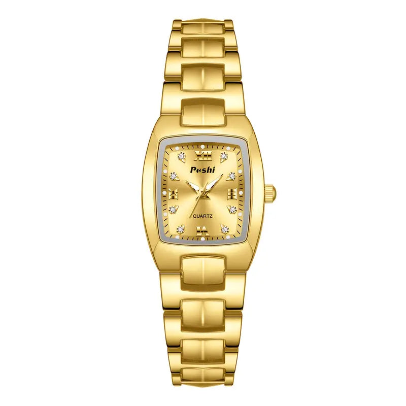 Women's Golden Quartz Watch - Fashionable Square Dial with Crystal Accents
