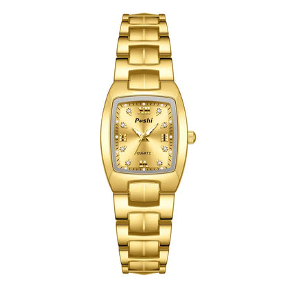 Women's Golden Quartz Watch - Fashionable Square Dial with Crystal Accents