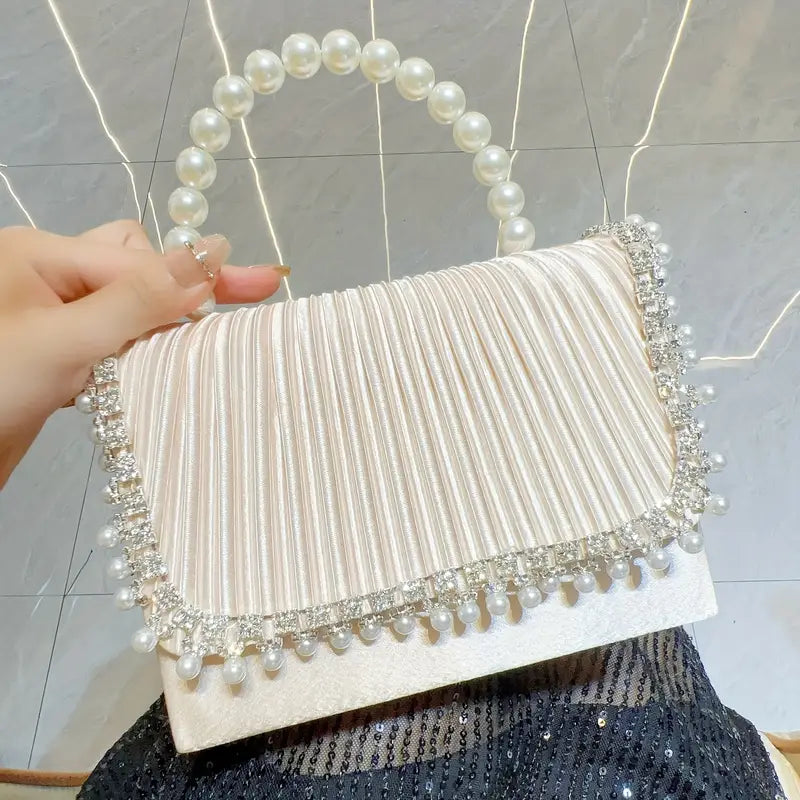 Elegant Pearl and Crystal Evening Clutch Bag - Large Capacity