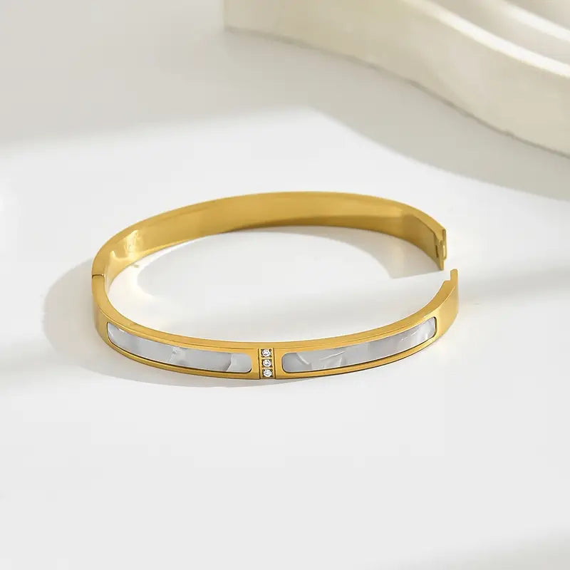 Golden Plated Stainless Steel Bangle with Rhinestones and Gemstones
