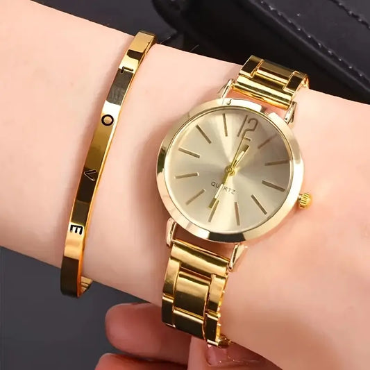 Watch and Shiny LOVE Bracelet Set, Stainless Steel Strap