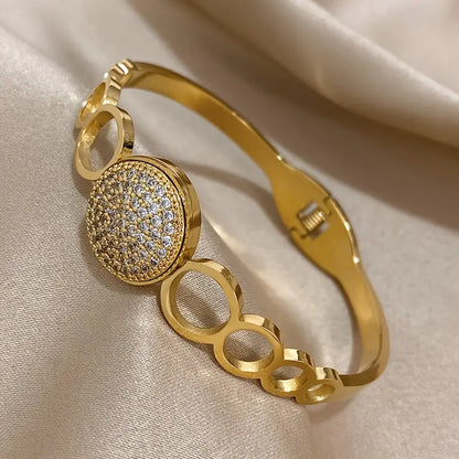 Open Cuff Bangles with Rhinestones Inlaid Charm Hollow Round Bracelet Simple Charm
