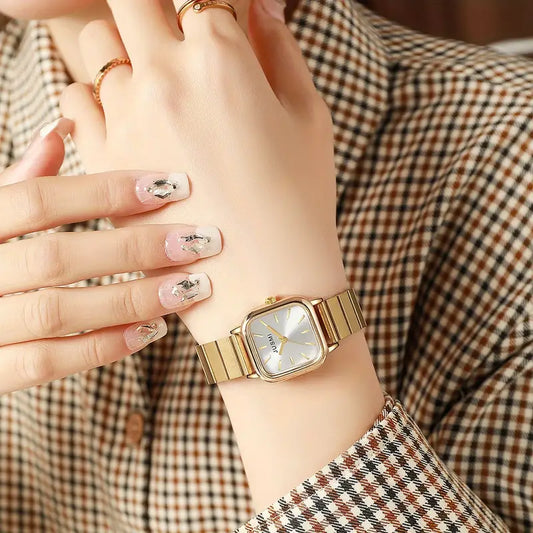 Elegant Golden-Tone Quartz Square Wristwatch for Women