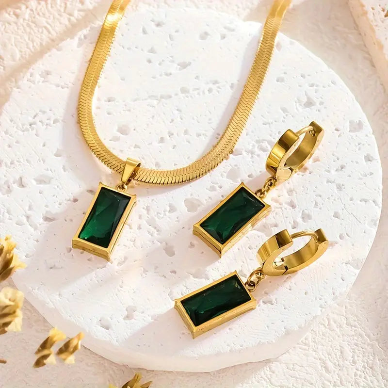 18K Golden Plated Stainless Steel with Sparkling Green Synthetic