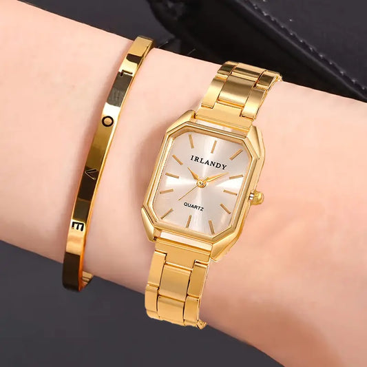 Women's Roman Quartz Watch and Heart Bracelet Set - Square Case, Analog Display