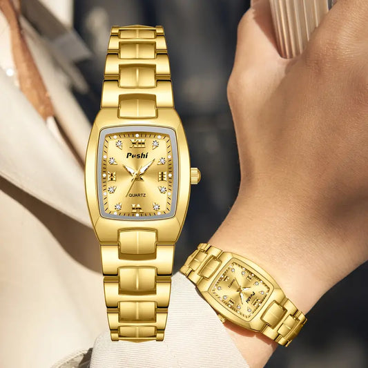 Women's Golden Quartz Watch - Fashionable Square Dial with Crystal Accents