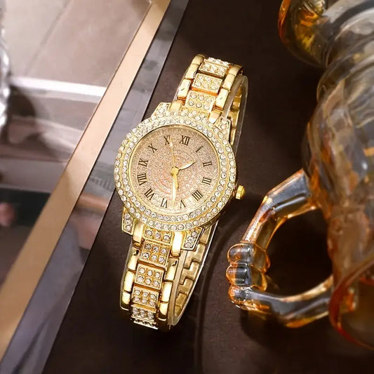 Glamorous Golden-Tone Women's Quartz Watch with Sparkling